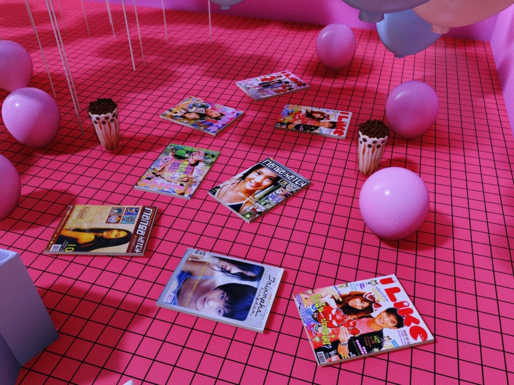 Thai student is laying on the bathroom with balloon and magazines from 2000s. 3d technique.